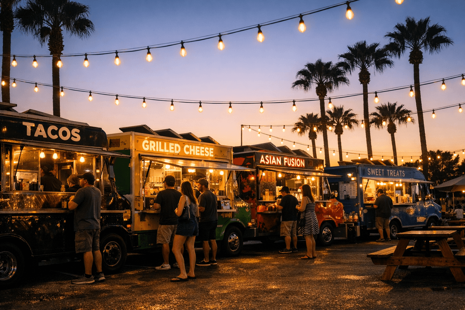 Row of food trucks at a Southern California food truck lot with commissary kitchen in background