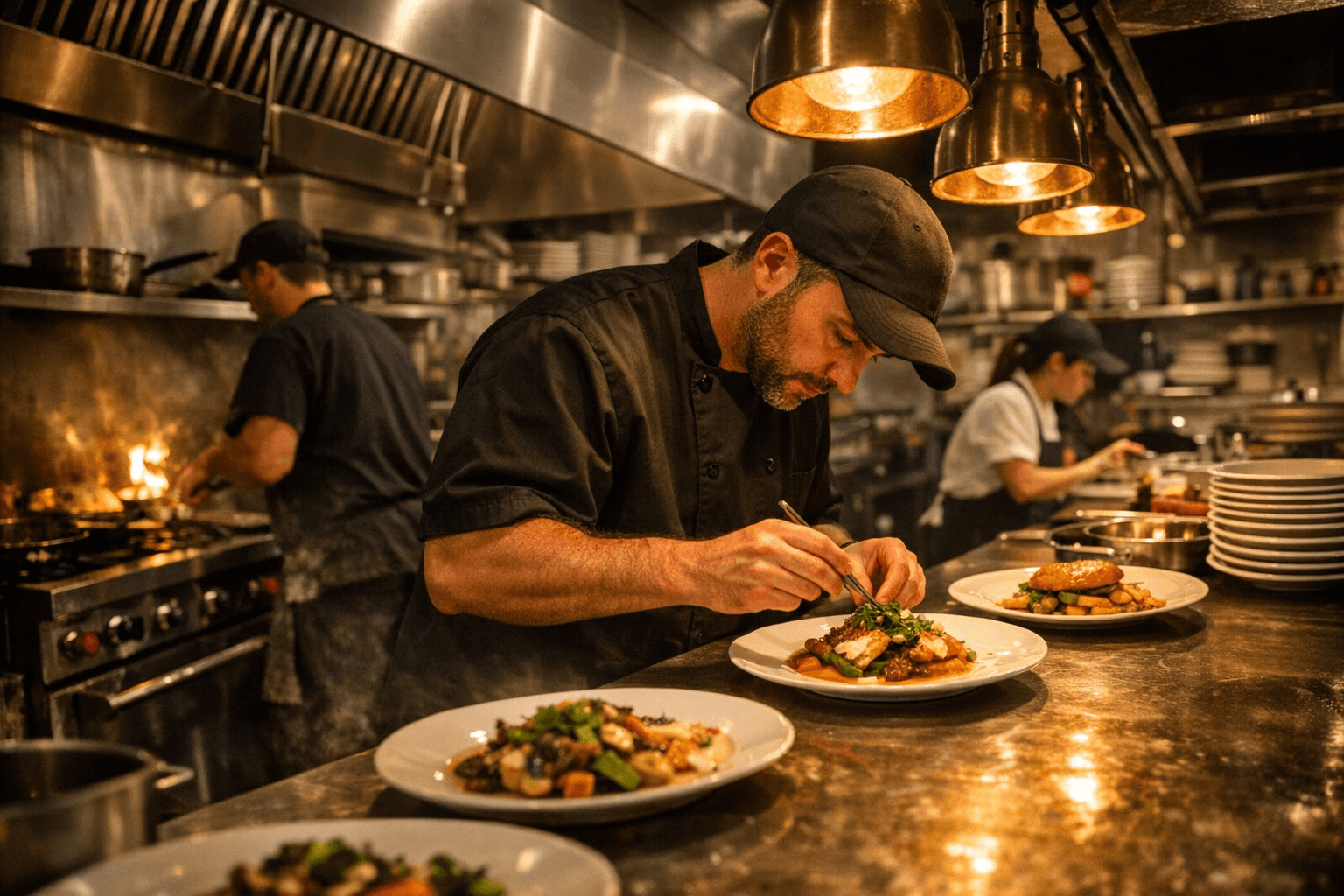 Busy restaurant kitchen with stainless steel equipment and grease collection container at the service exit