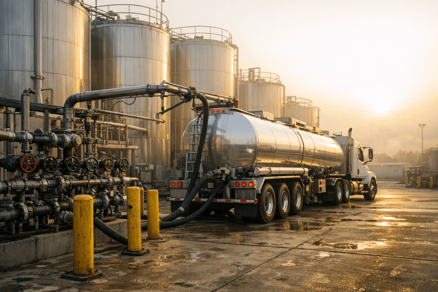 Industrial tanker truck being loaded with UCO feedstock at a collection depot with large stainless steel storage tanks