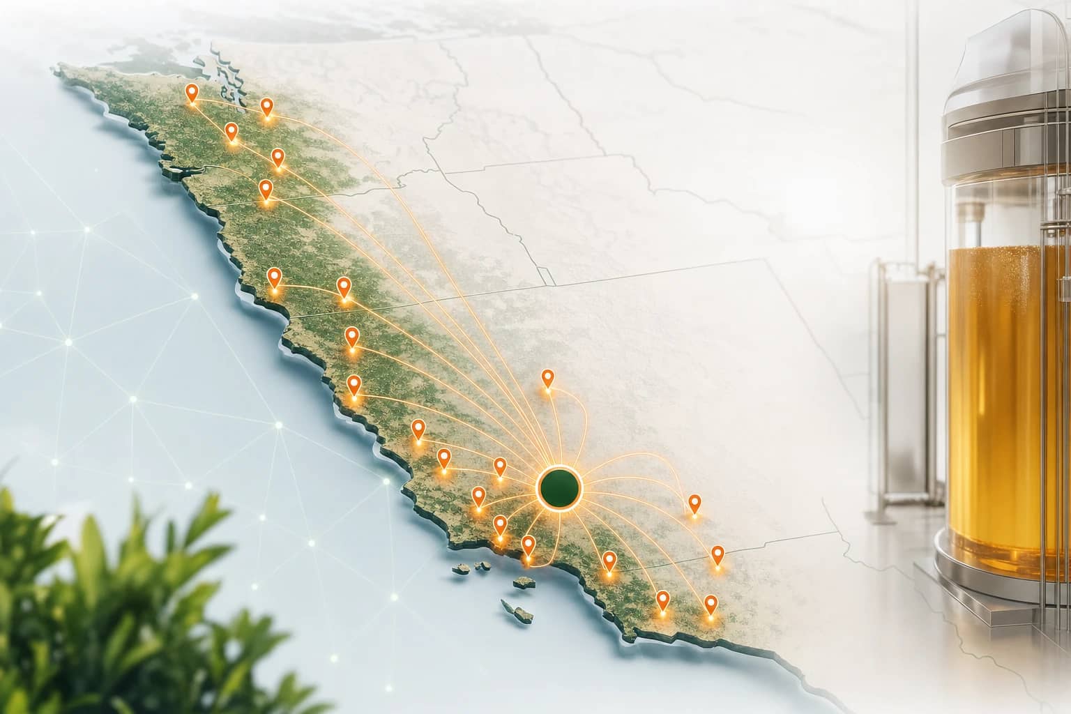 Map of Southern California and the Pacific Northwest with connected location pins linking many restaurant sites to one central used cooking oil management hub