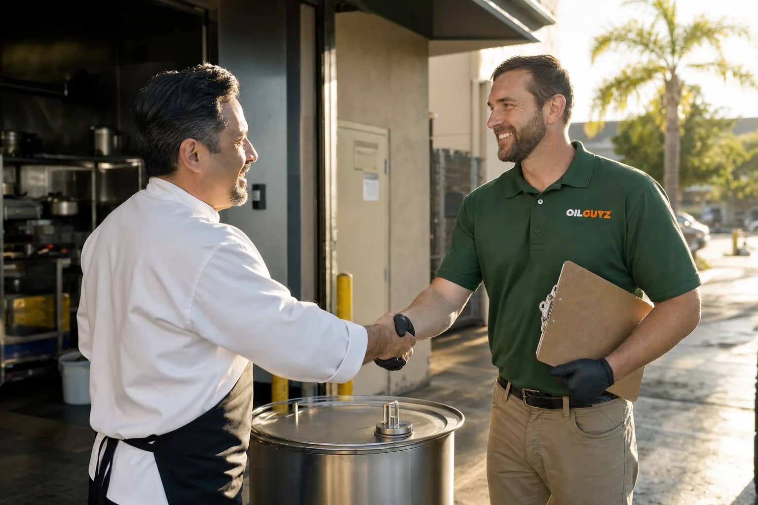 CDFA-licensed collection driver shaking hands with a restaurant owner at the back loading area while collecting used cooking oil, compliance manifest clipboard tucked under his arm and sealed stainless steel UCO drum between them, Southern California afternoon light