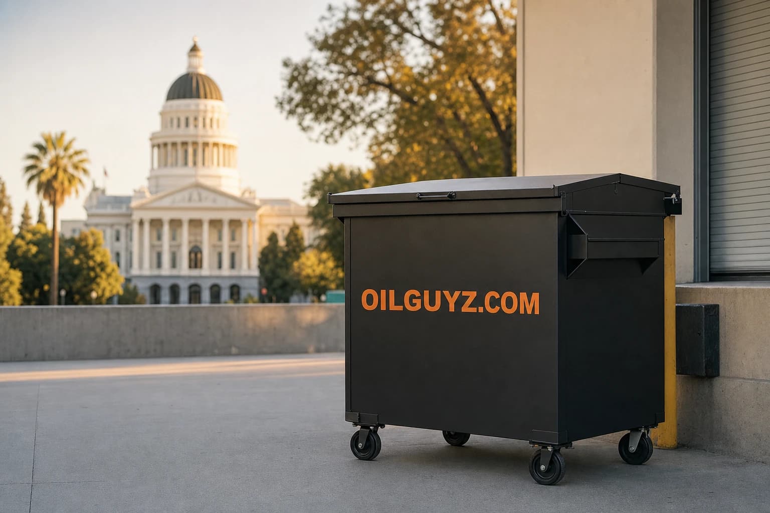 California state capitol dome behind a locked used cooking oil collection container at a restaurant back dock