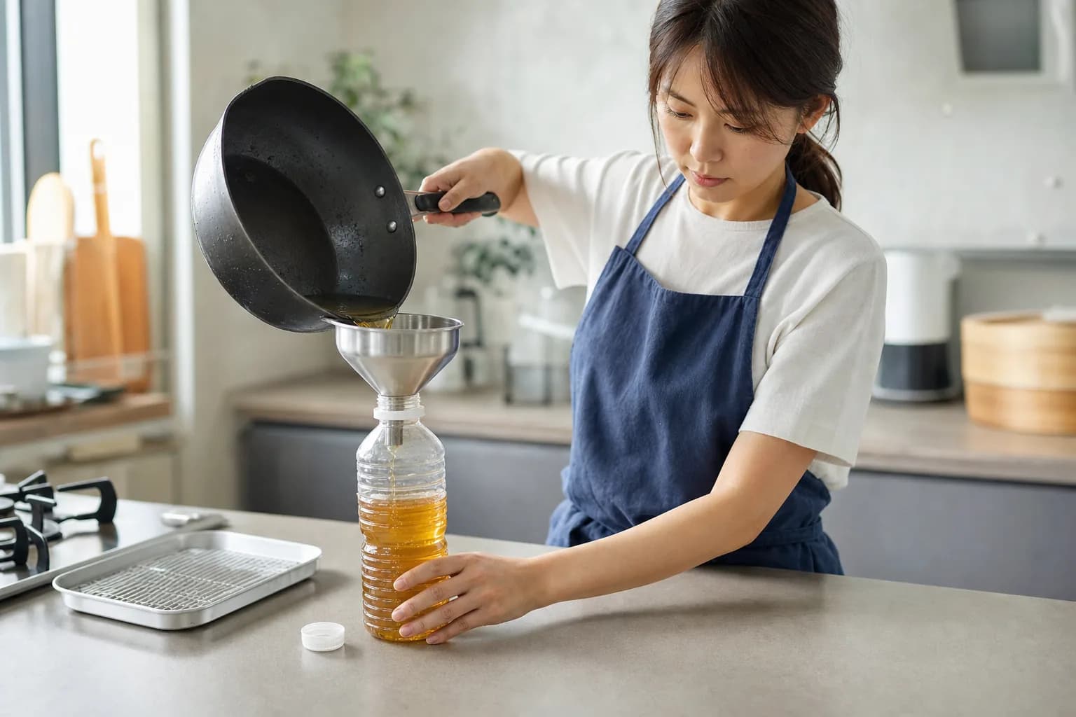 Cooled used cooking oil being poured from a home fryer into a sealed plastic jug for drop-off recycling