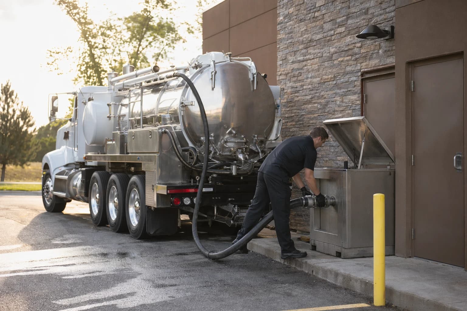 Commercial kitchen cooking oil pickup truck servicing a hotel loading dock during a scheduled route visit