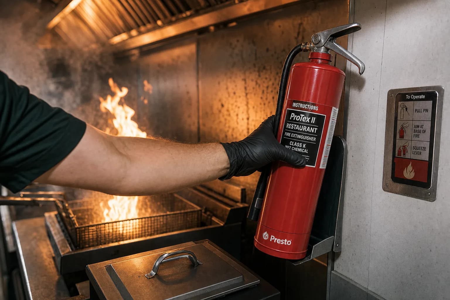 Line cook reaching for a Class K fire extinguisher beside a flaming commercial kitchen fryer during a grease fire emergency