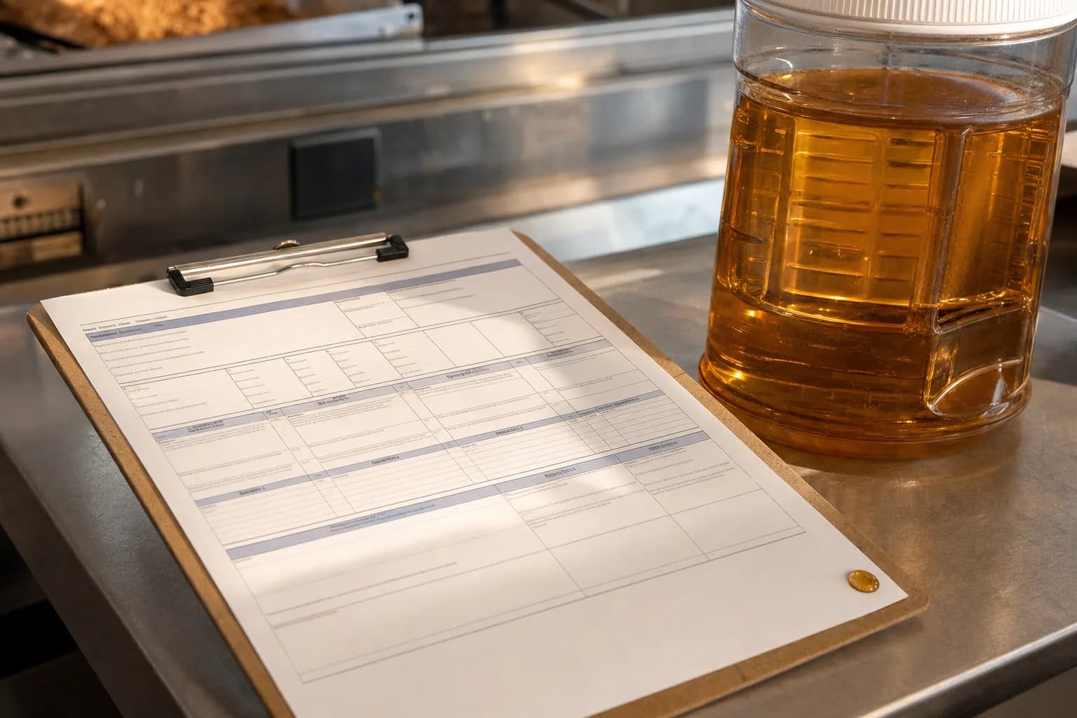 Clipboard holding a grease compliance manifest on a stainless steel restaurant counter next to a sealed used cooking oil container