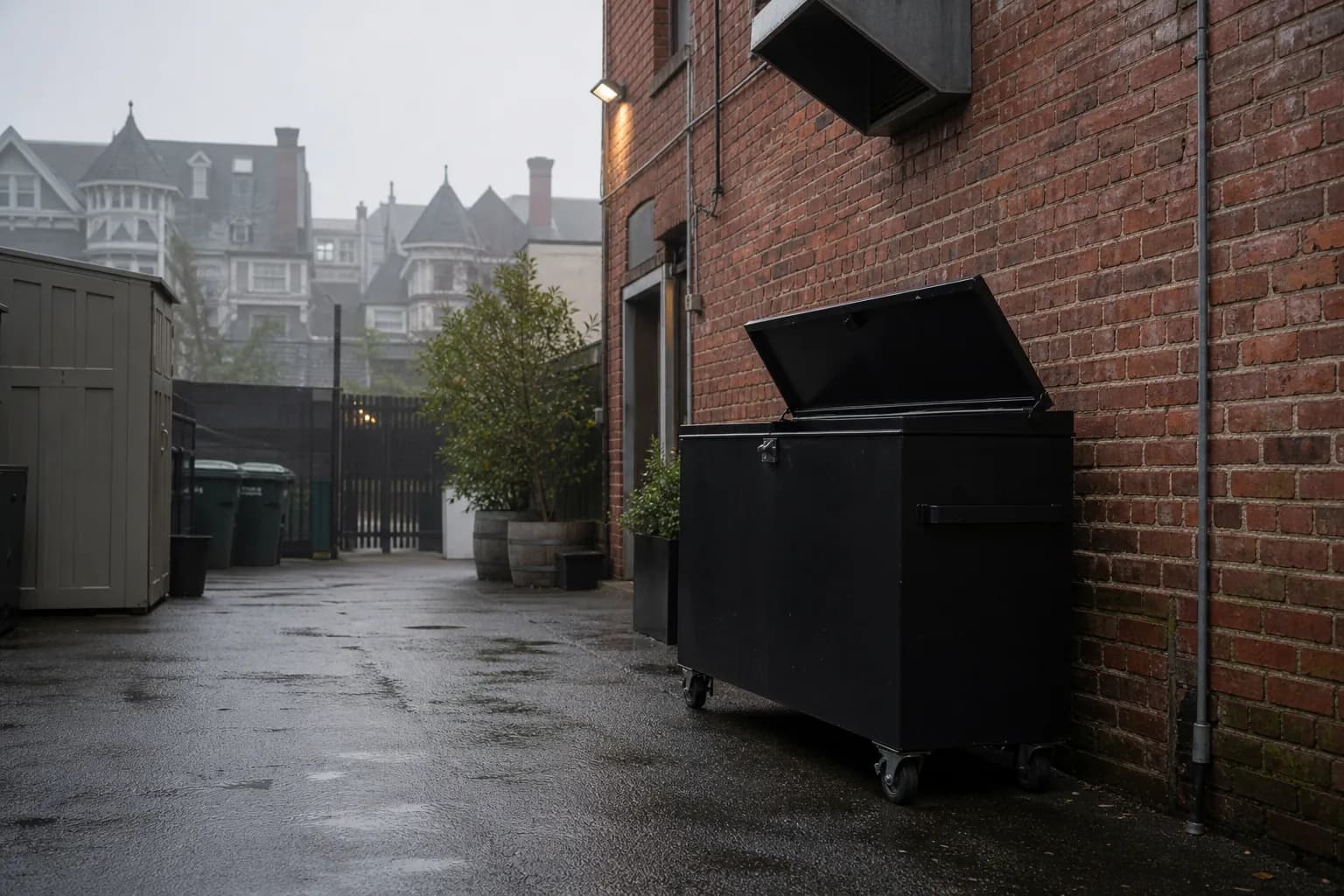 Locked black rectangular used cooking oil bin waiting on the rear loading dock of a Bay Area restaurant, fog drifting over the hills across the water