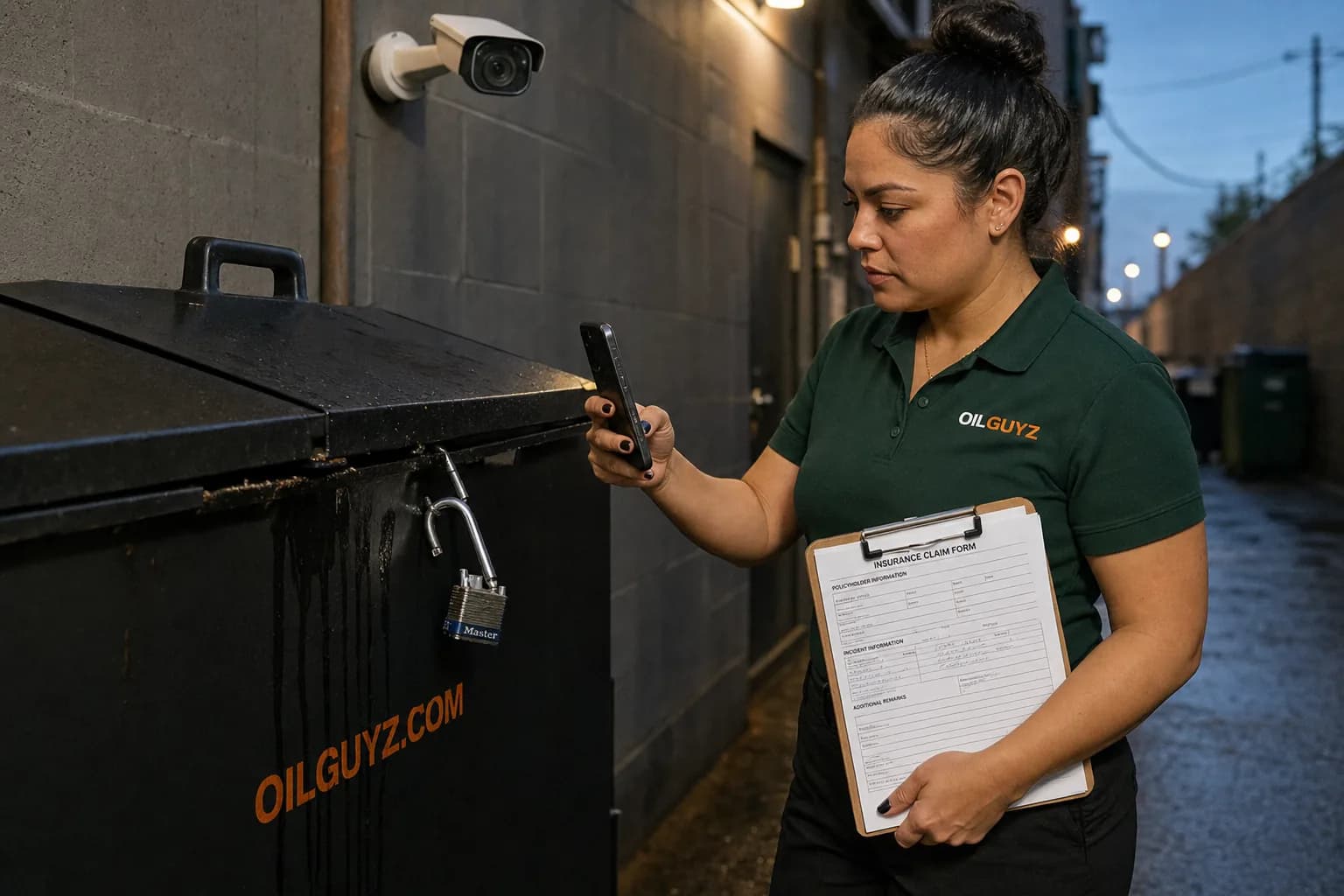 Restaurant manager reviewing an insurance claim form next to an empty used cooking oil container