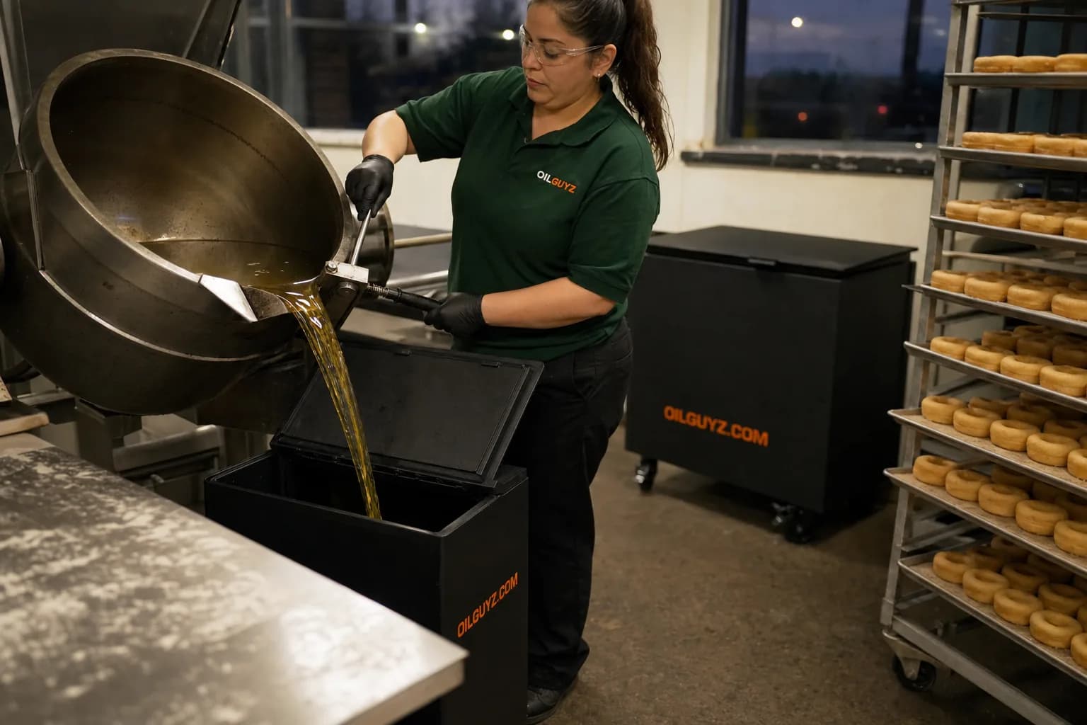 Used donut frying shortening draining from a commercial fryer kettle into a locked black collection bin at a donut bakery before dawn