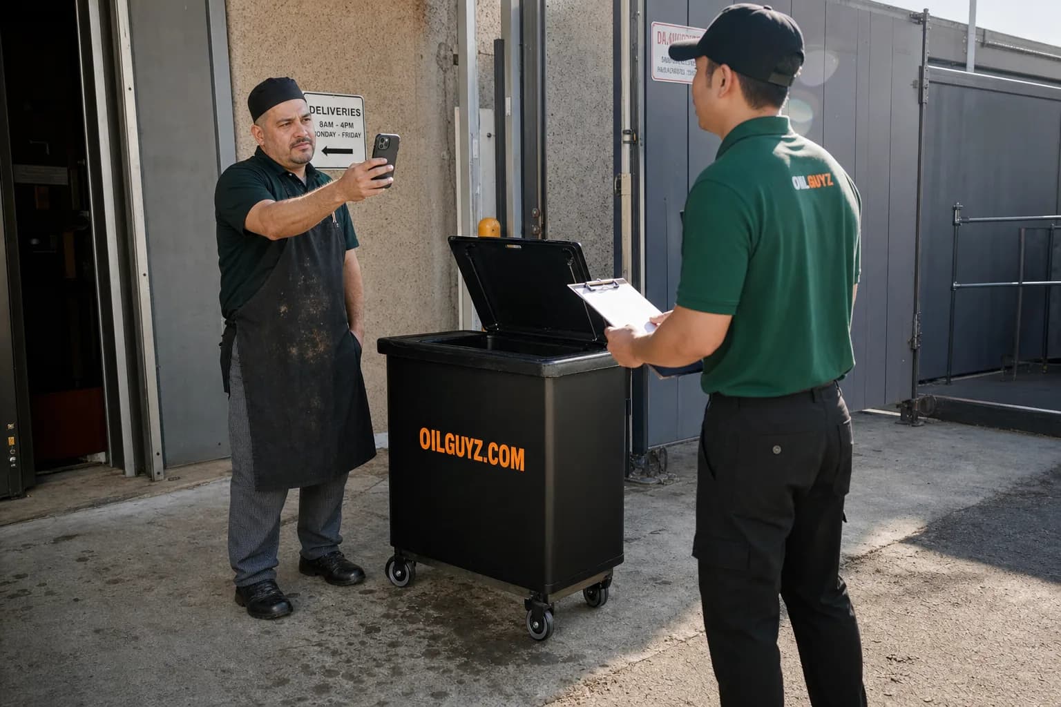 Kitchen employee checking a clipboard with a delivery worker beside a locked cooking oil container, cooking oil pickup scam verification