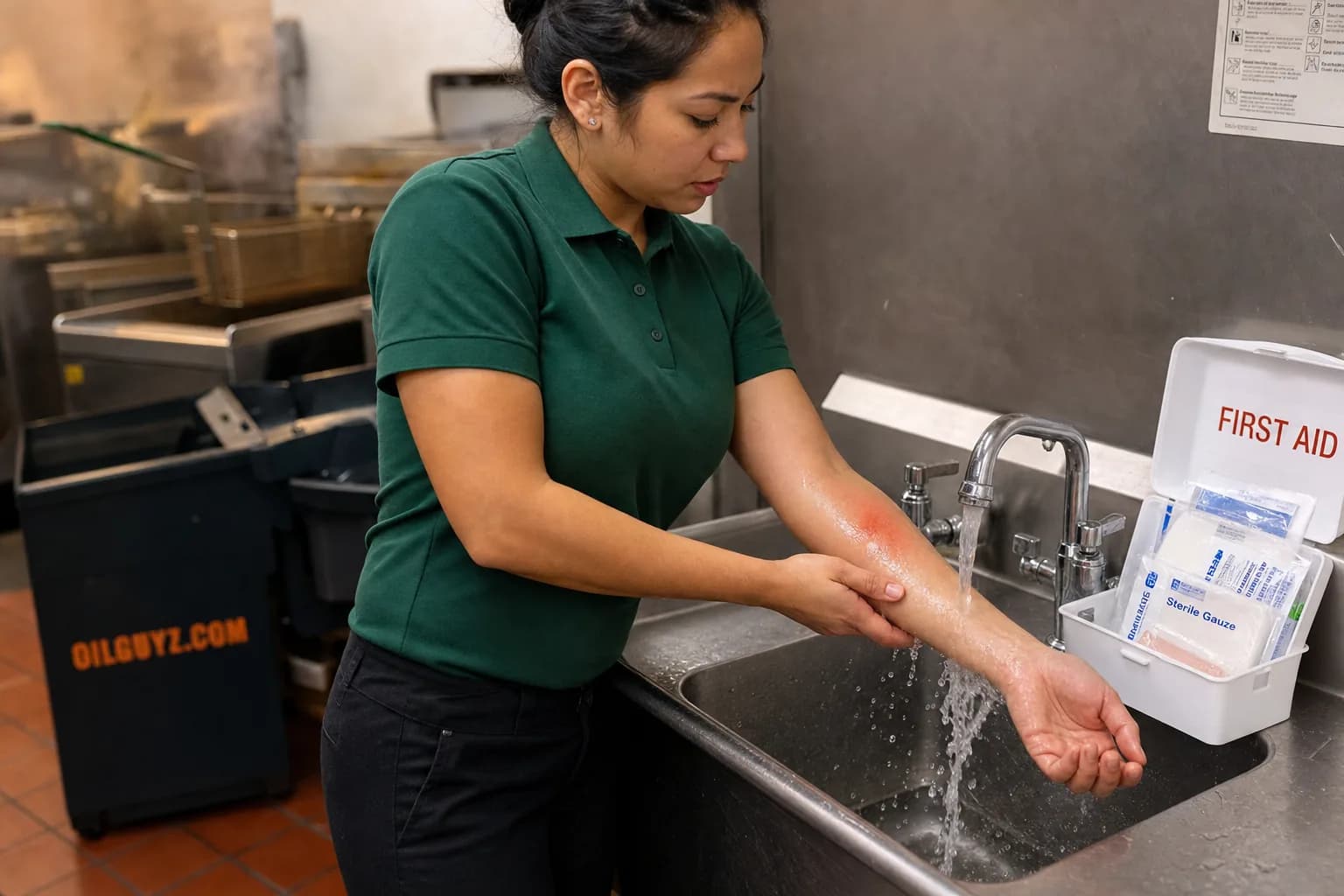 Kitchen worker running a burned hand under cool water at a stainless steel prep sink in a commercial restaurant kitchen
