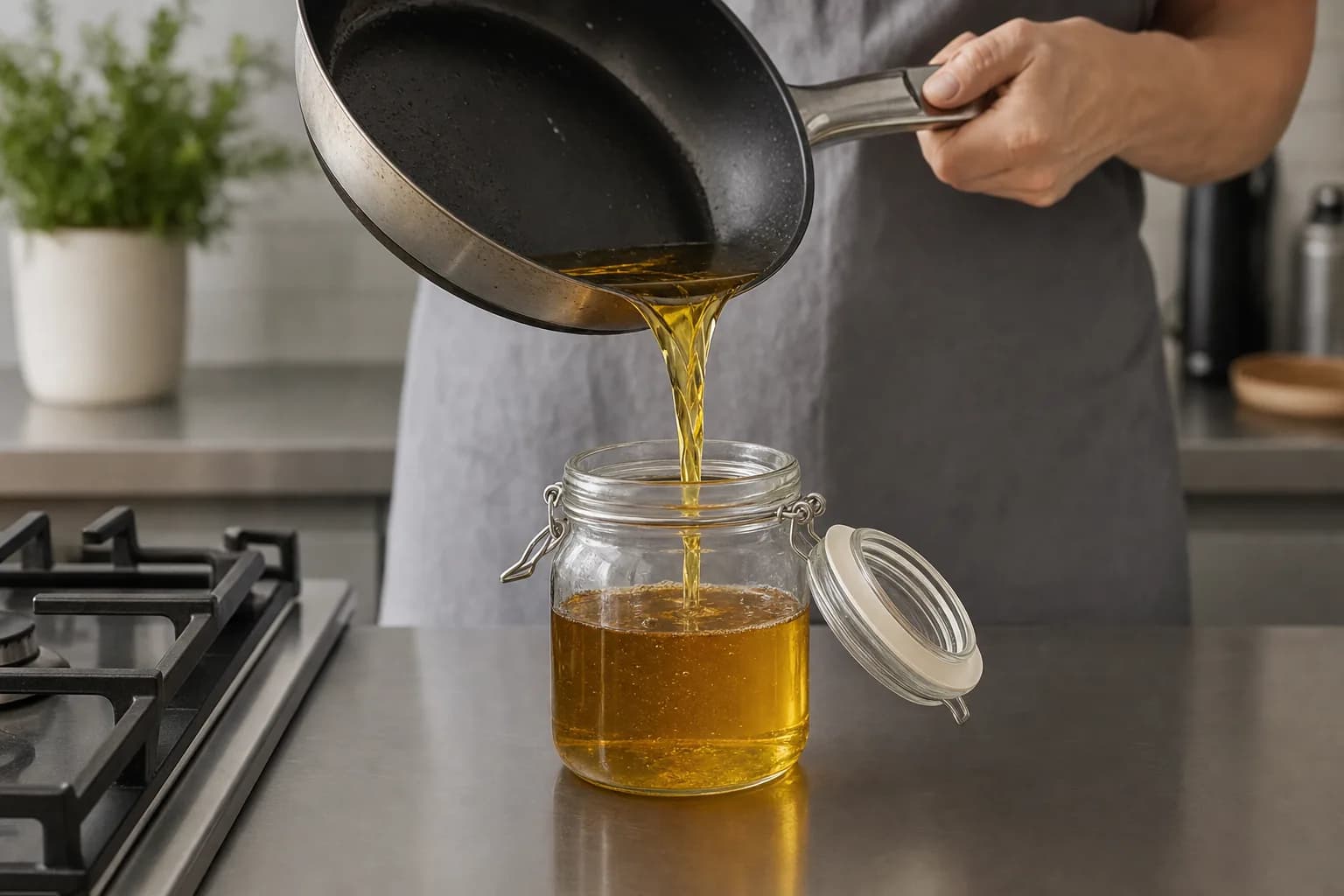 Cooled used cooking oil being poured into a sealed container for safe recycling instead of down a kitchen drain