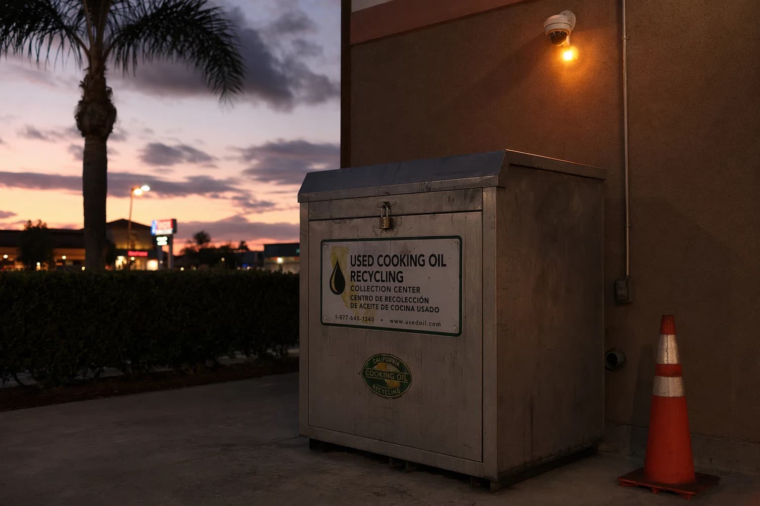 Locked anti-theft cooking oil container secured behind a Southern California restaurant at night