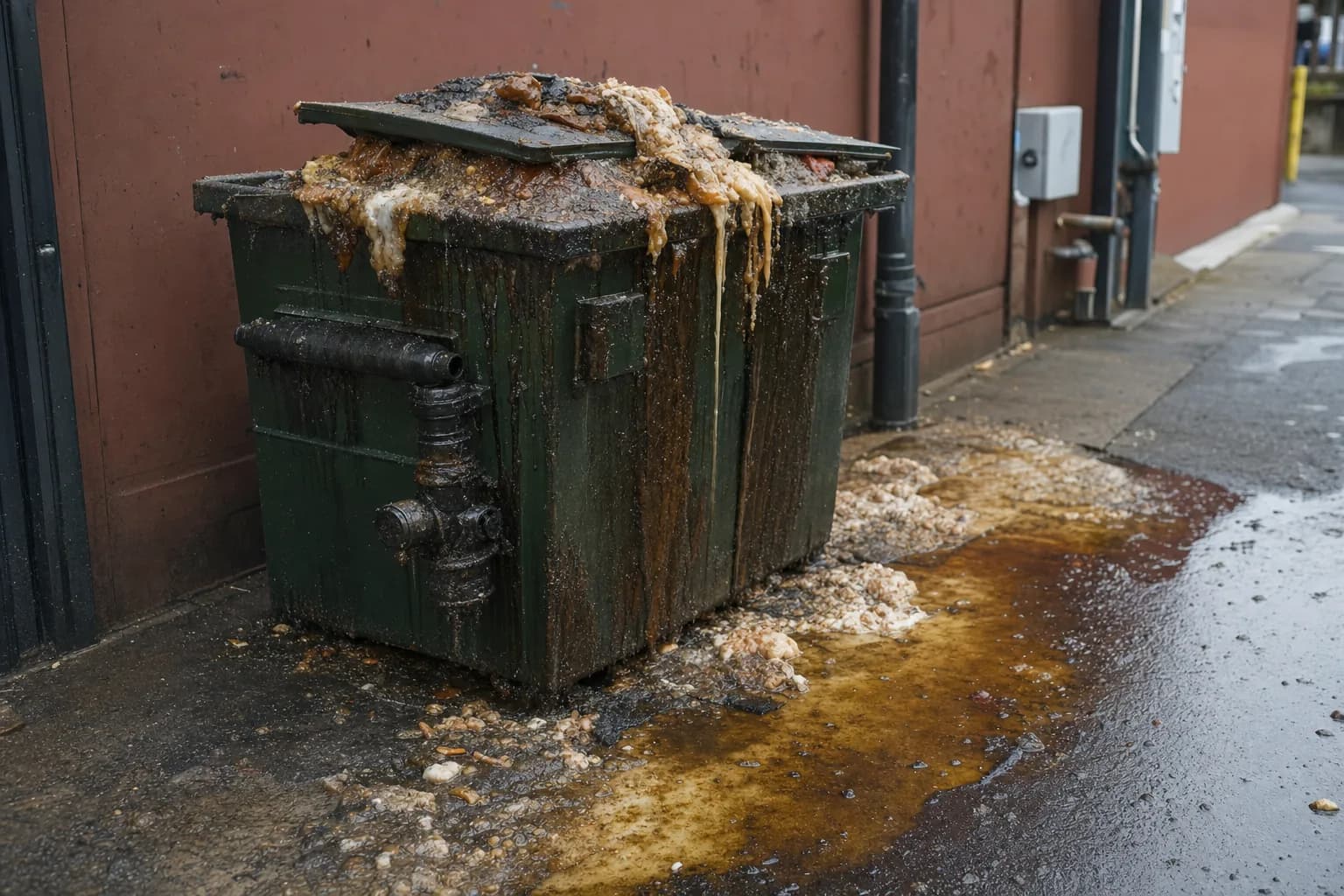 Overfull used cooking oil container behind a restaurant after a missed grease pickup
