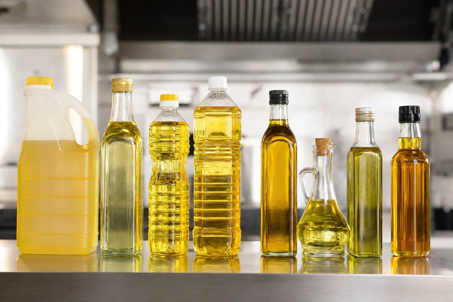 Assorted bottles and jugs of used vegetable, canola, and fryer oil sorted for recycling pickup