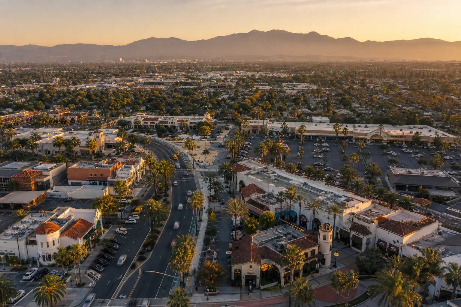 Aerial view of Anaheim restaurant district with palm-lined boulevards and the San Gabriel mountains in the distance