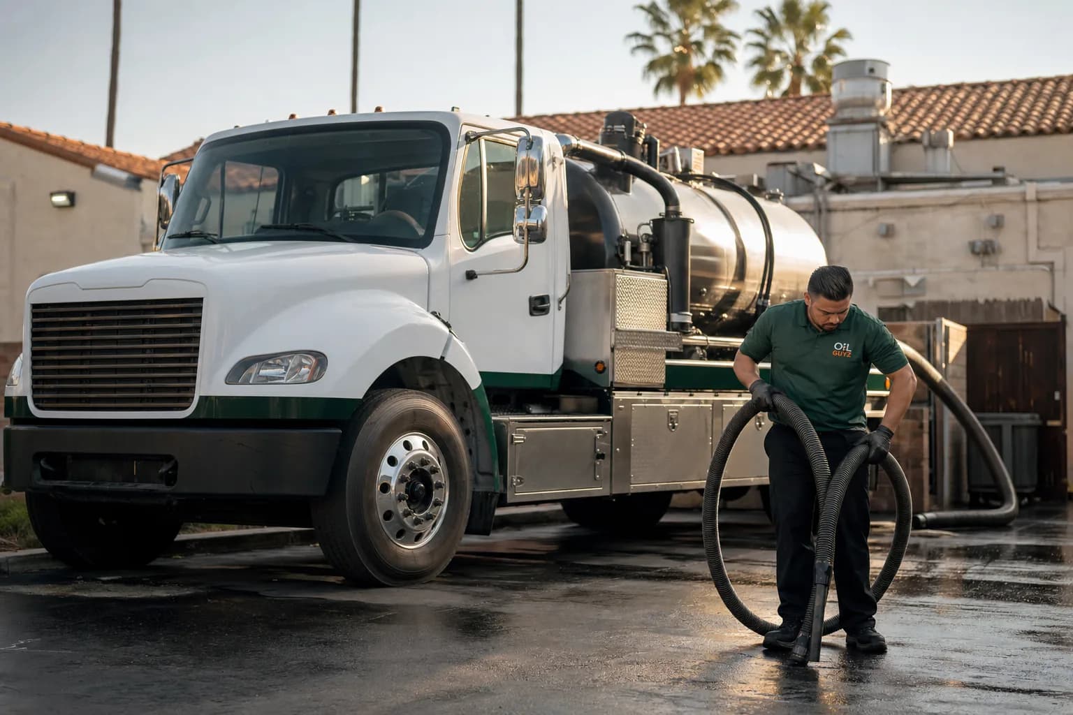 Free used cooking oil pickup at an Anaheim restaurant — unbranded white pump truck with hunter-green Oil Guyz technician