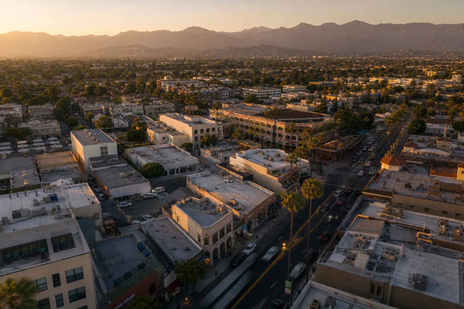 Aerial view of Arcadia restaurant district at golden hour
