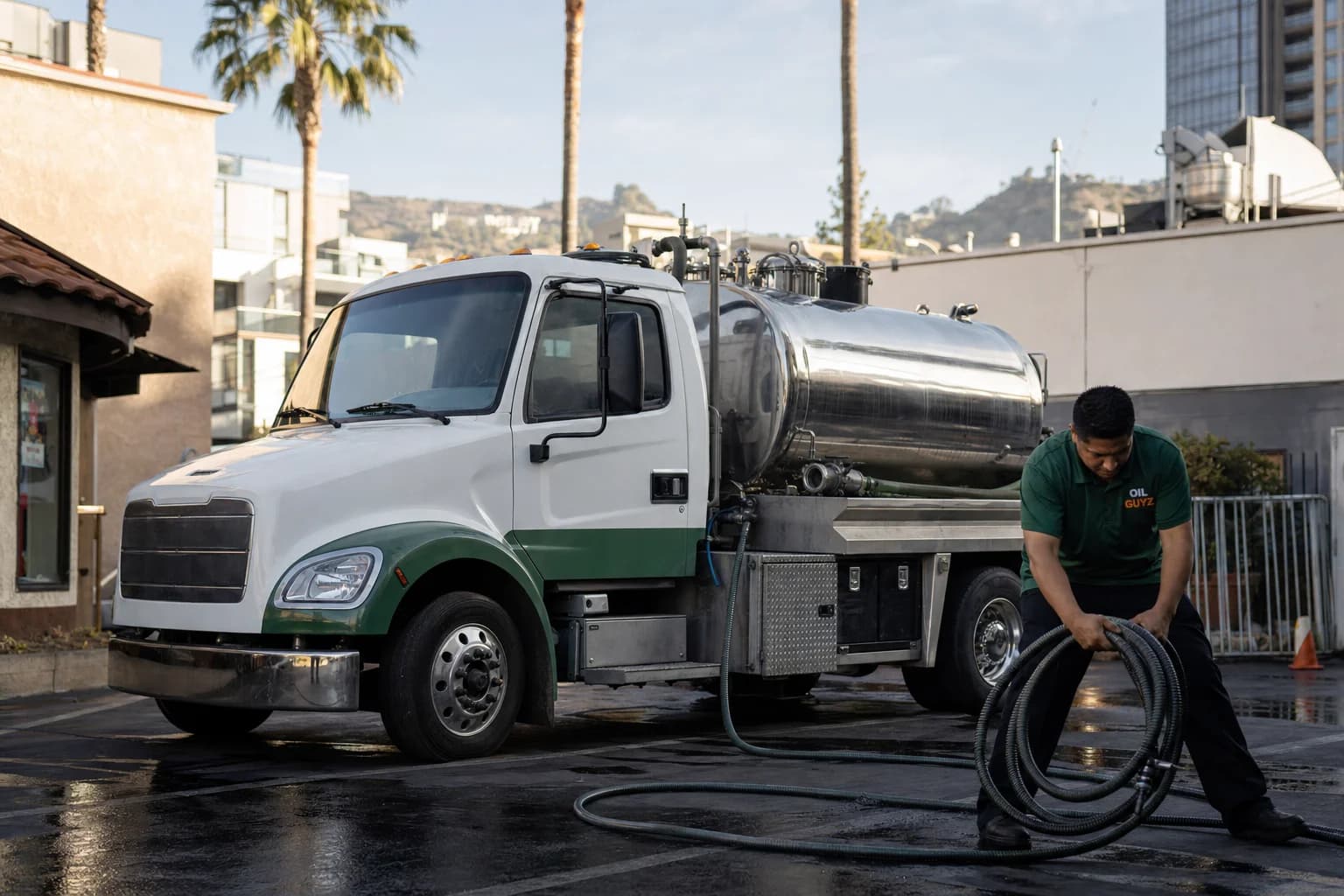 Free used cooking oil pickup at a Arcadia restaurant — unbranded white pump truck with hunter-green Oil Guyz technician