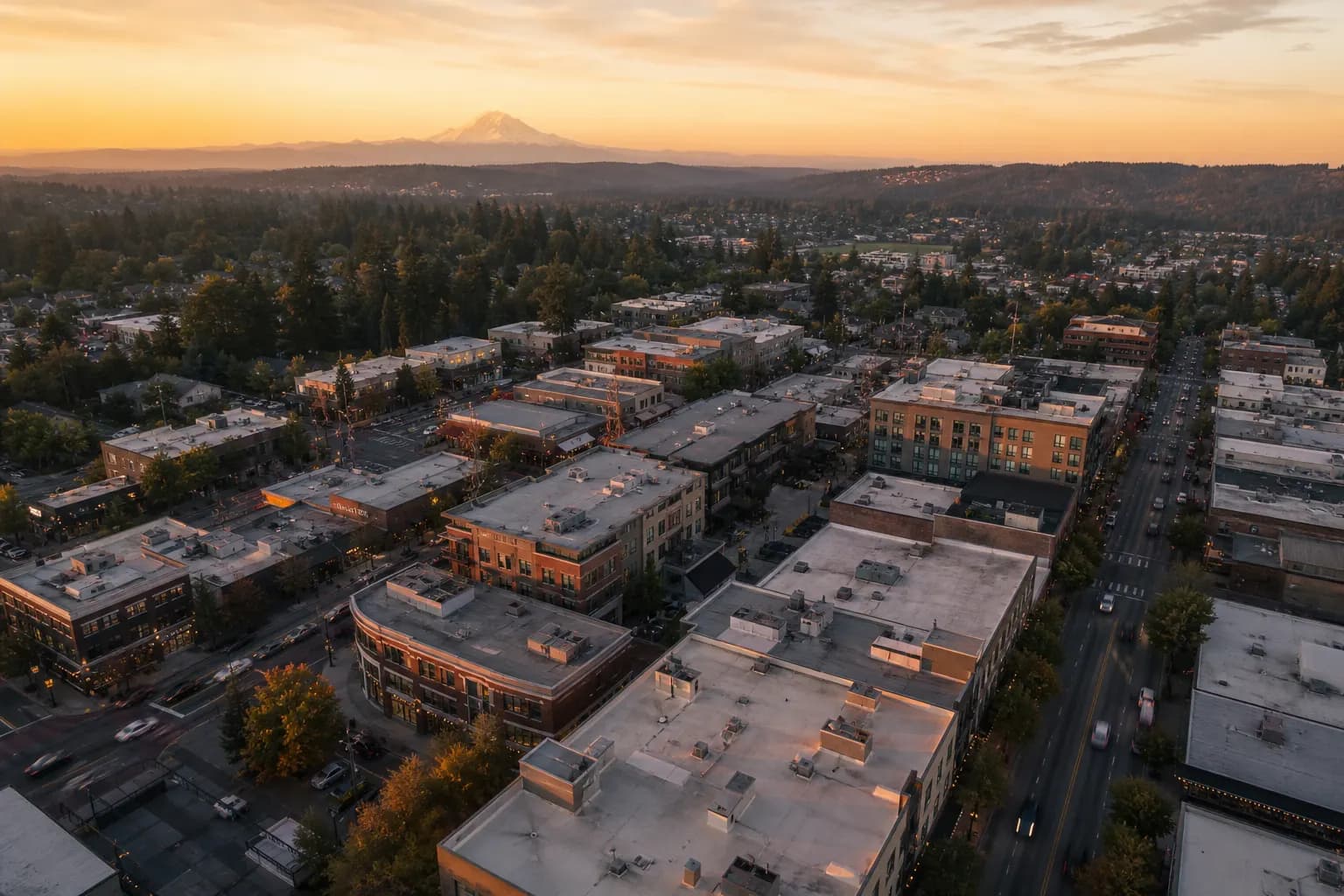 Aerial view of Auburn restaurant district at golden hour