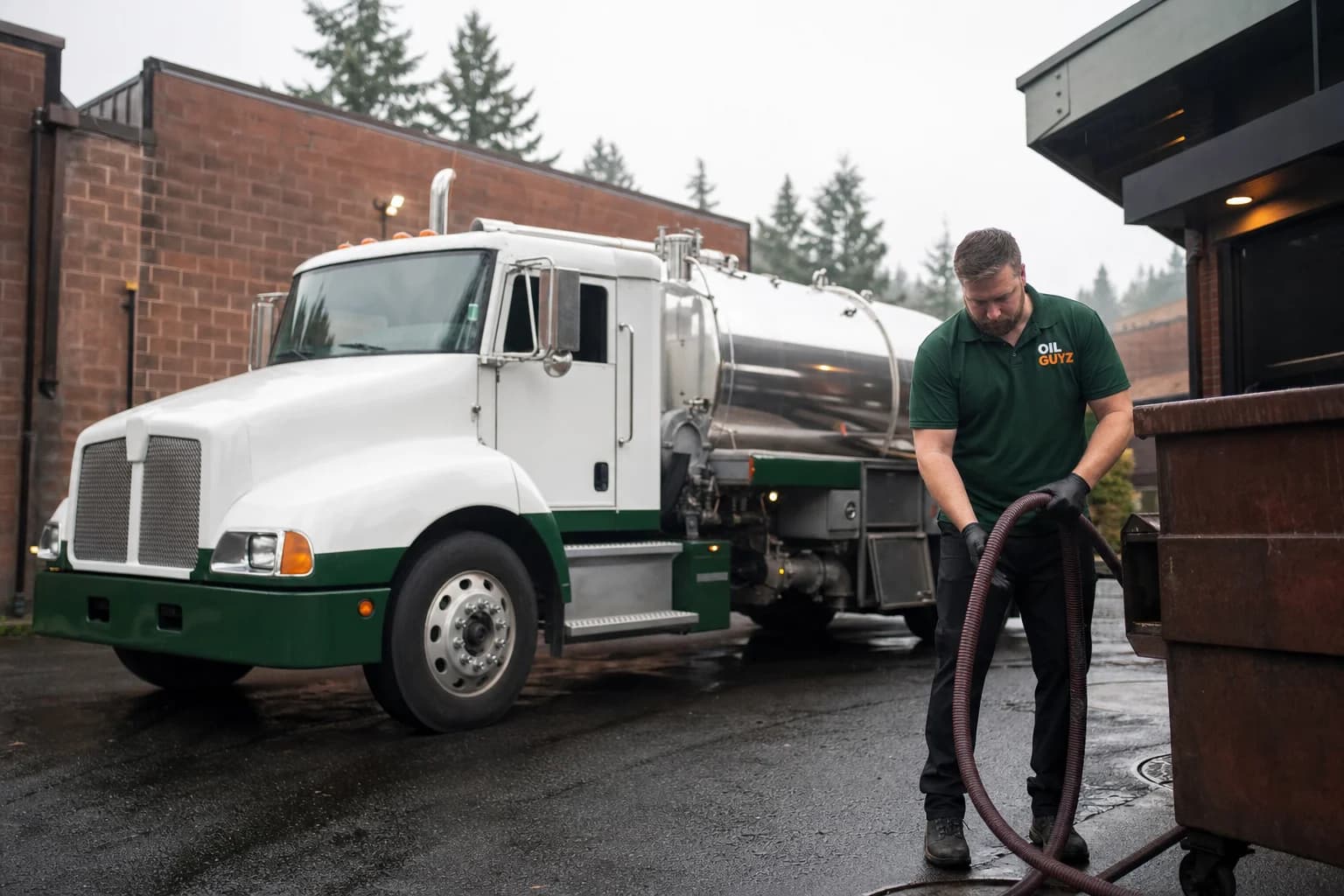 Free used cooking oil pickup at a Auburn restaurant — unbranded white pump truck with hunter-green Oil Guyz technician