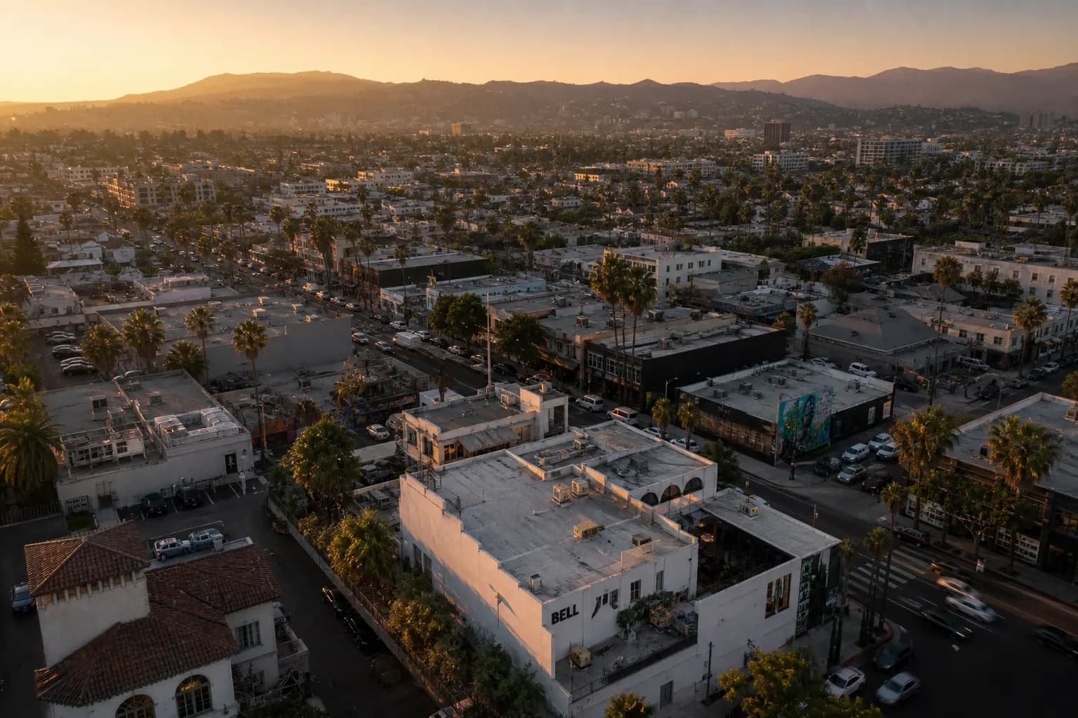 Aerial view of Bell restaurant district at golden hour