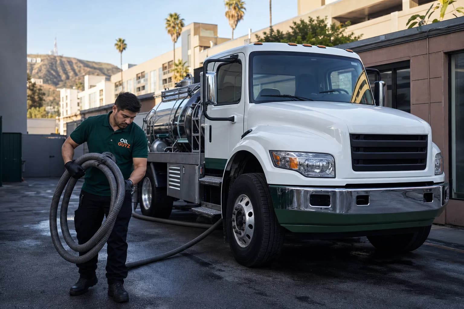 Free used cooking oil pickup at a Bell restaurant — unbranded white pump truck with hunter-green Oil Guyz technician