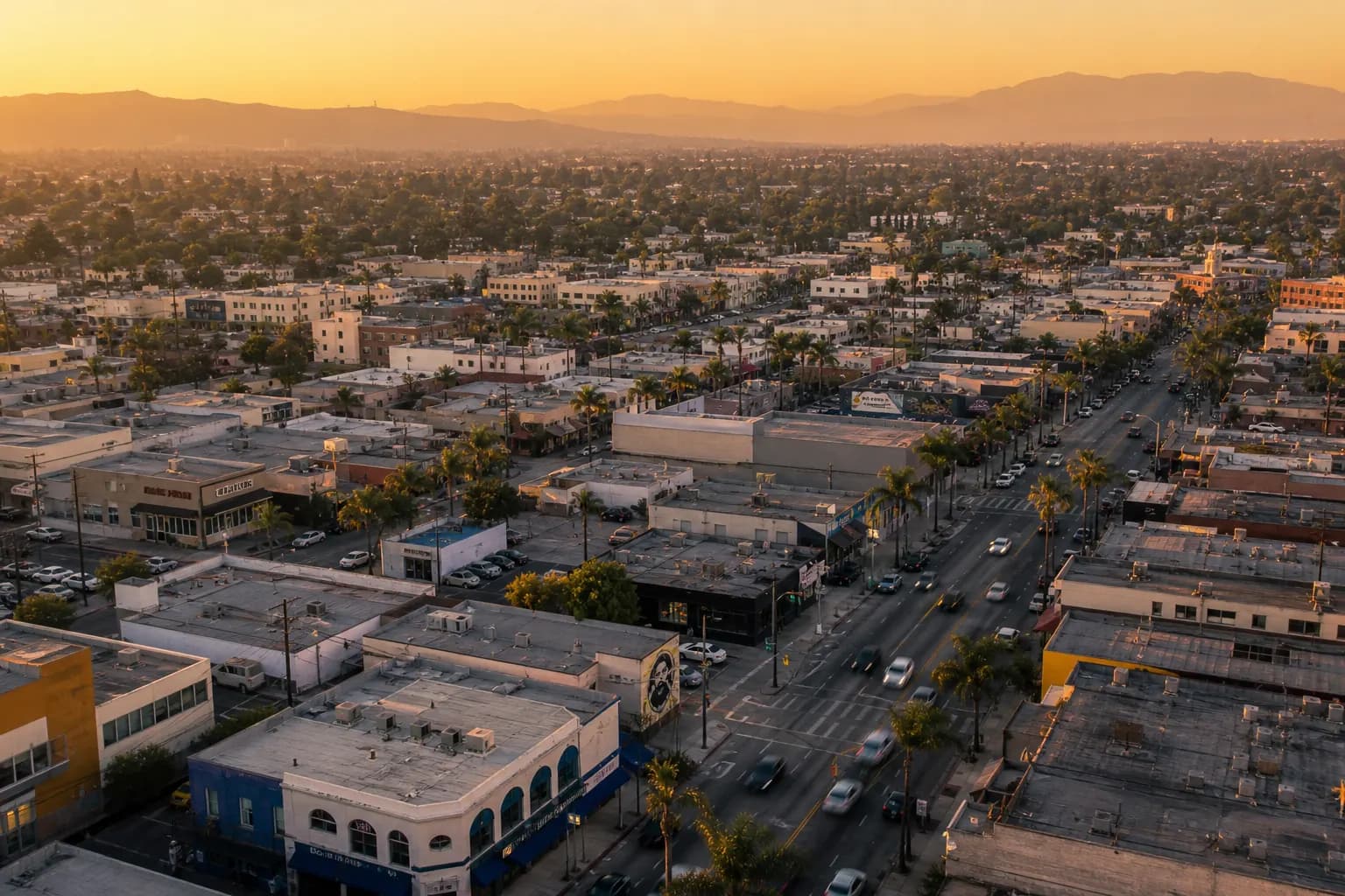 Aerial view of Bellflower restaurant district at golden hour