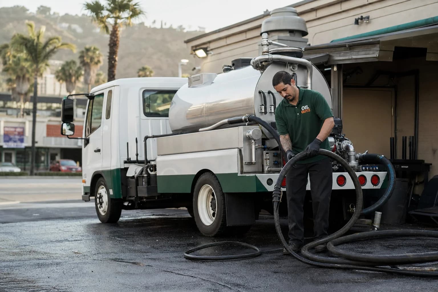 Free used cooking oil pickup at a Bellflower restaurant — unbranded white pump truck with hunter-green Oil Guyz technician