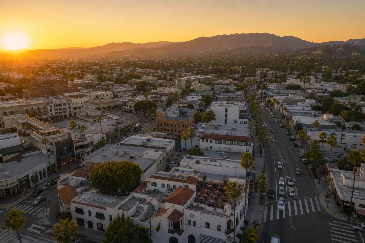 Aerial view of Bradbury restaurant district at golden hour