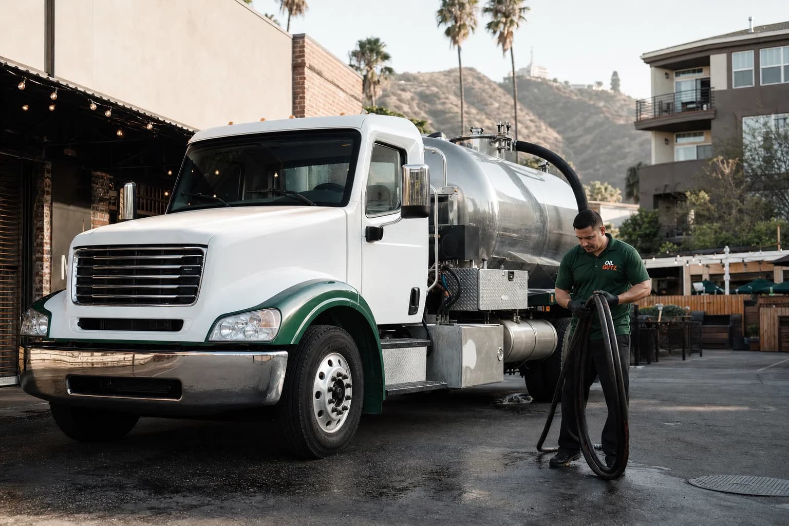 Free used cooking oil pickup at a Bradbury restaurant — unbranded white pump truck with hunter-green Oil Guyz technician