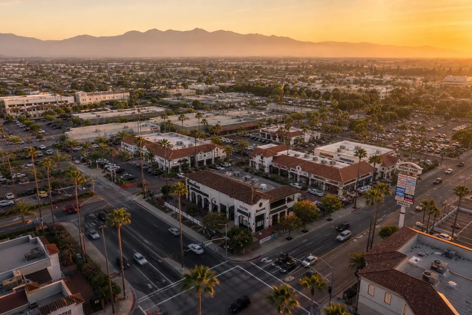 Aerial view of Buena Park restaurant district at golden hour