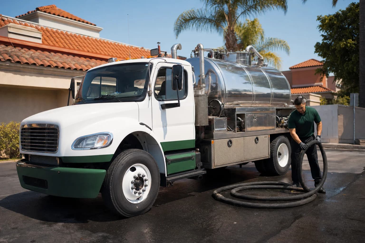 Free used cooking oil pickup at a Buena Park restaurant — unbranded white pump truck with hunter-green Oil Guyz technician