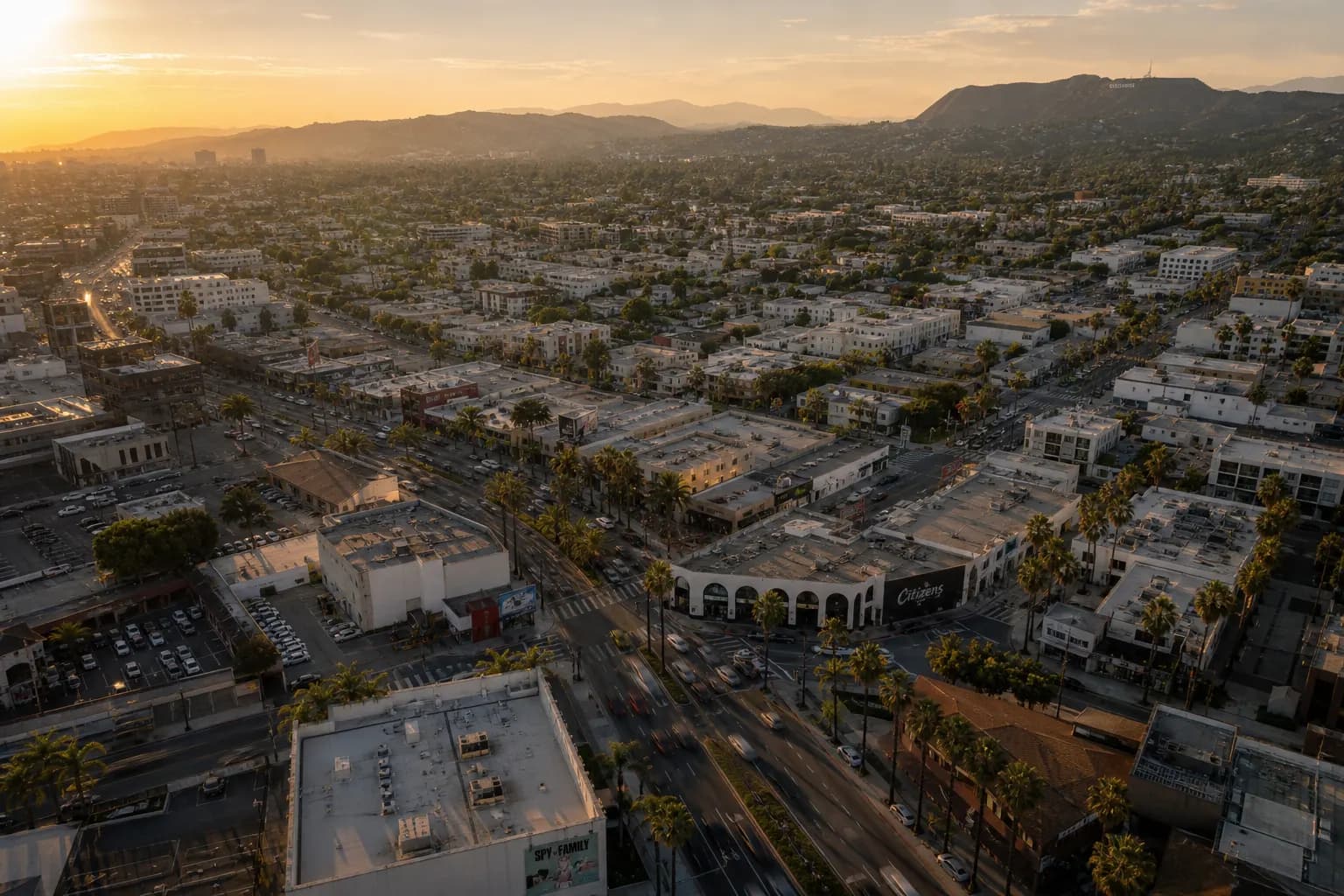 Aerial view of Commerce restaurant district at golden hour