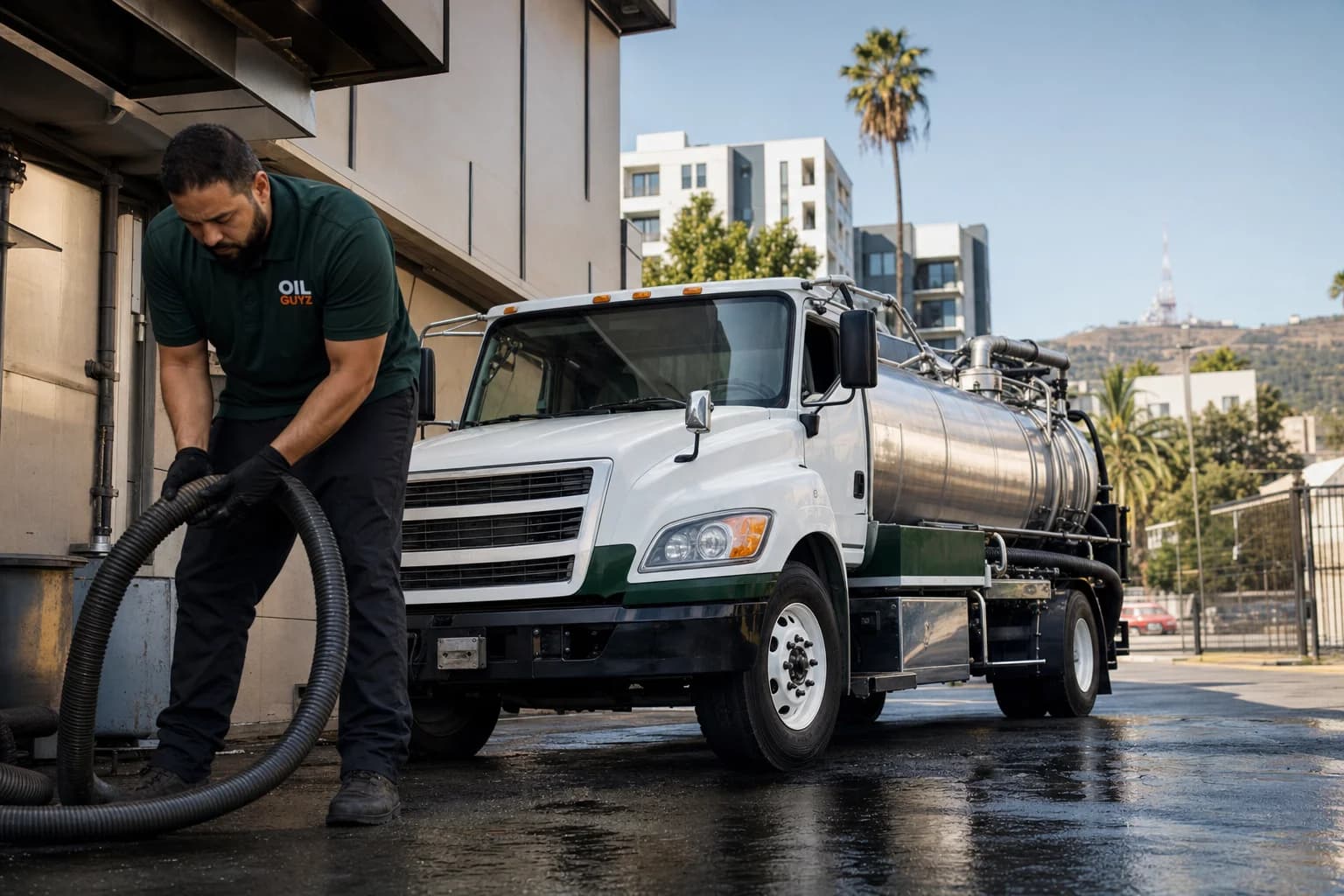 Free used cooking oil pickup at a Commerce restaurant — unbranded white pump truck with hunter-green Oil Guyz technician