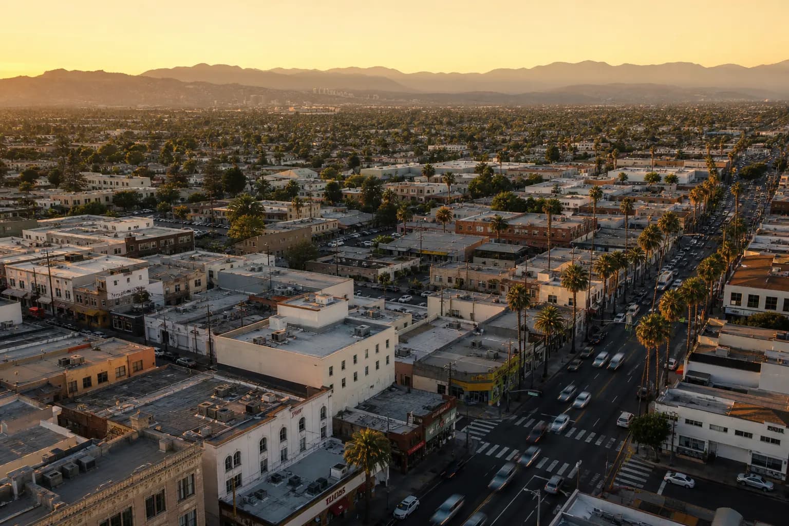 Aerial view of Compton restaurant district at golden hour