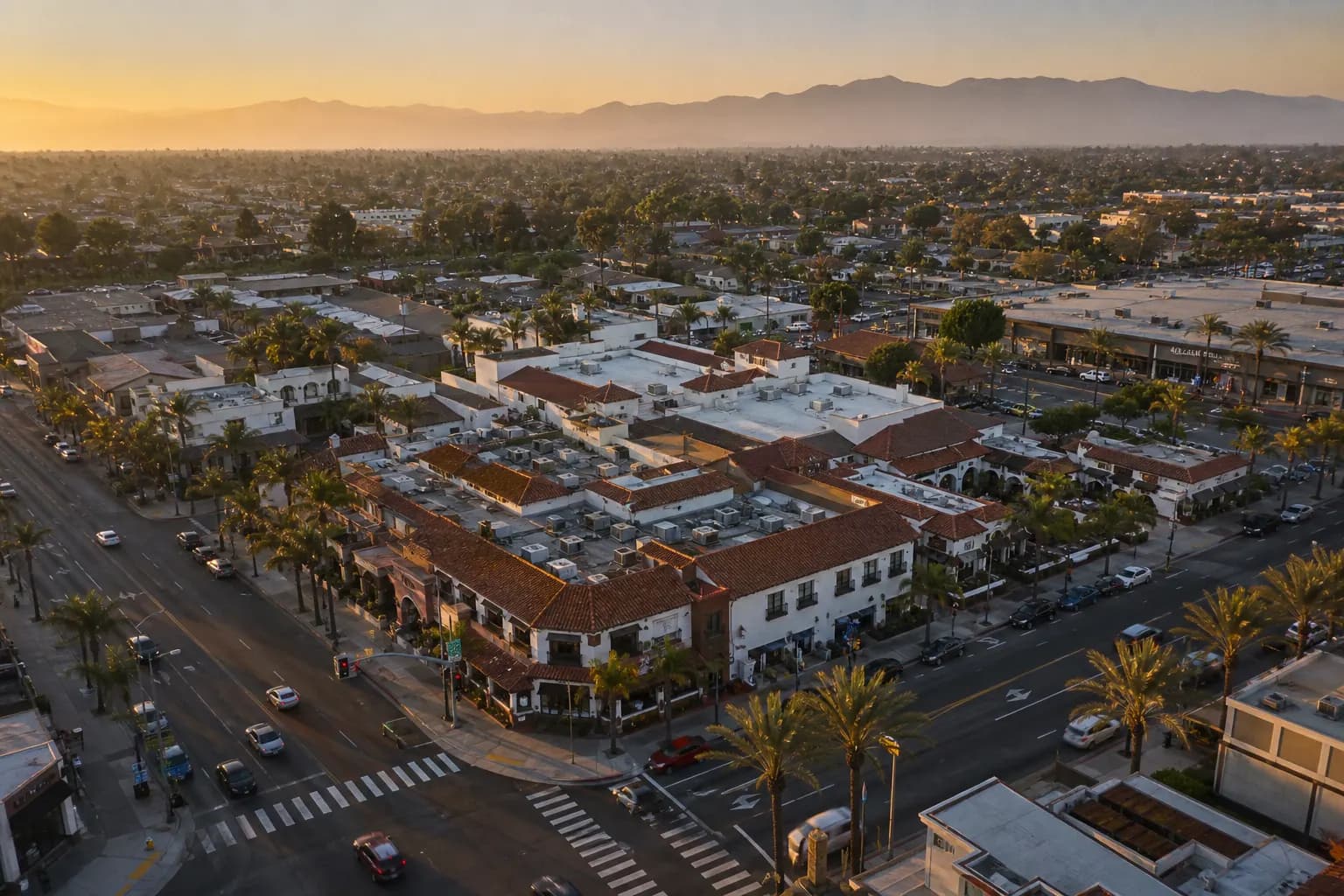 Aerial view of Costa Mesa restaurant district at golden hour