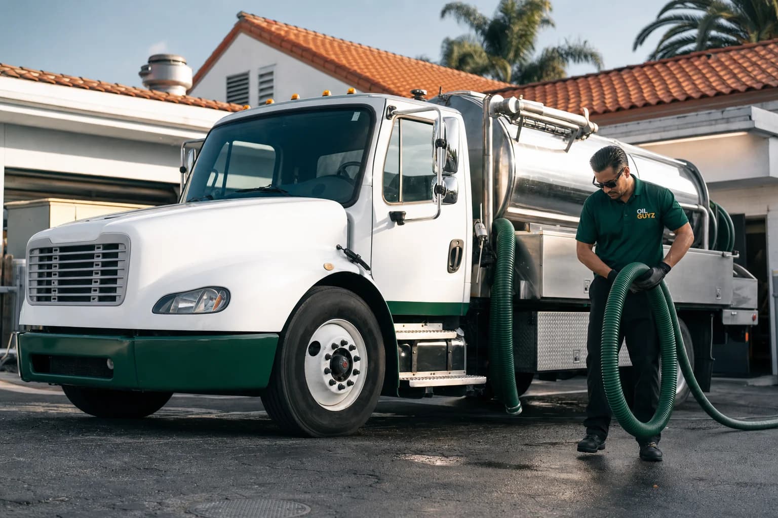 Free used cooking oil pickup at a Costa Mesa restaurant — unbranded white pump truck with hunter-green Oil Guyz technician