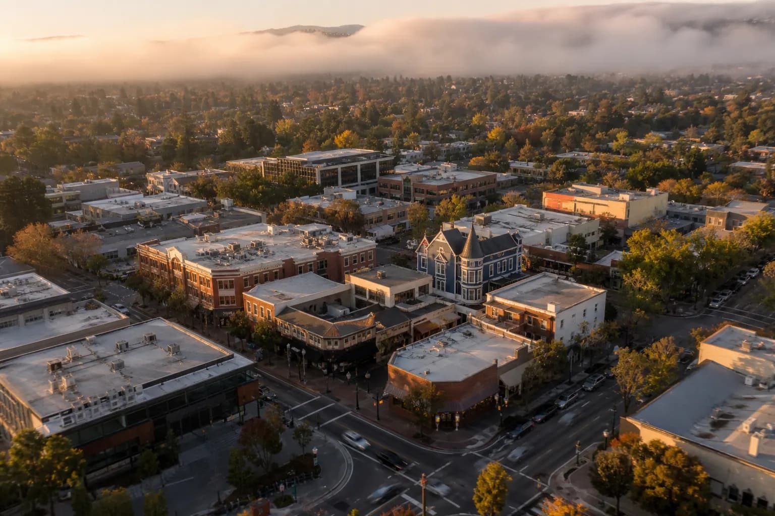 Aerial view of Cupertino restaurant district at golden hour
