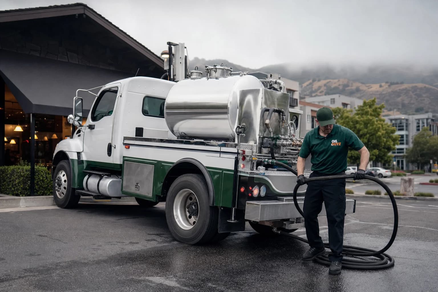 Free used cooking oil pickup at a Cupertino restaurant — unbranded white pump truck with hunter-green Oil Guyz technician