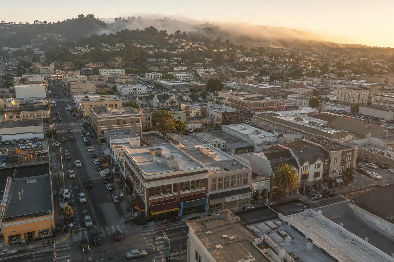 Aerial view of Daly City restaurant district at golden hour