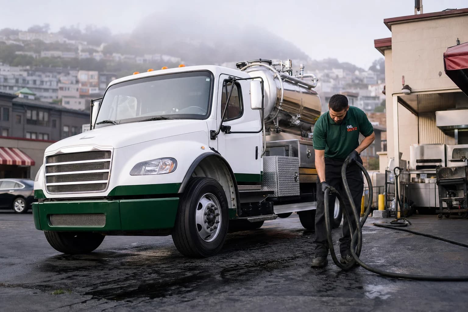 Free used cooking oil pickup at a Daly City restaurant — unbranded white pump truck with hunter-green Oil Guyz technician