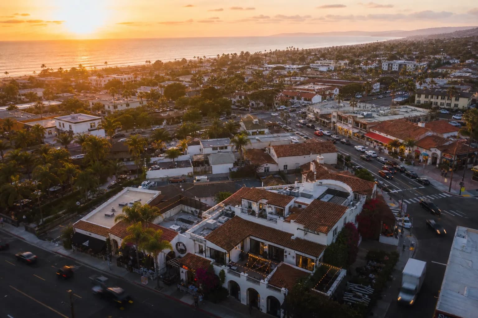 Aerial view of Del Mar restaurant district at golden hour