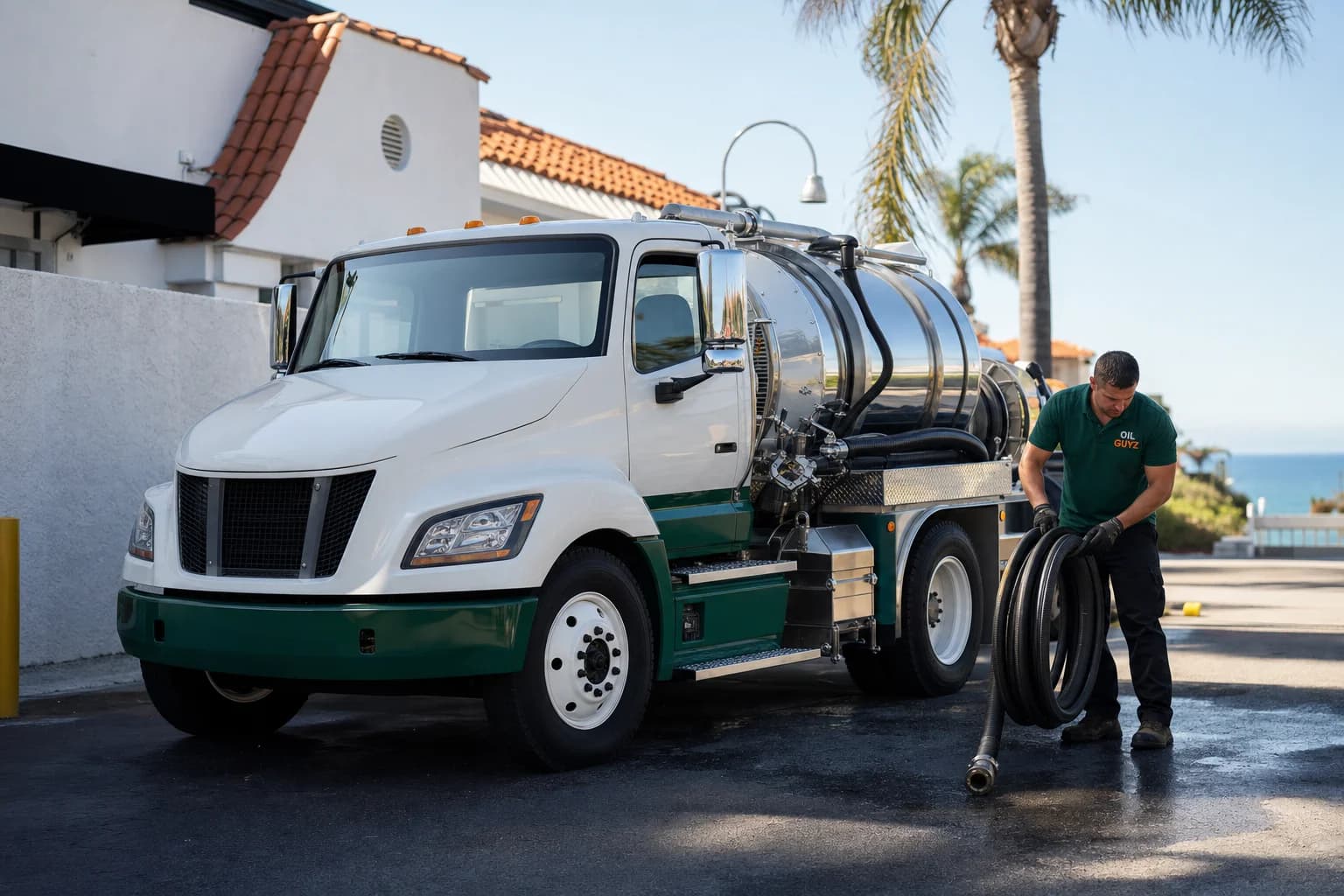 Free used cooking oil pickup at a Del Mar restaurant — unbranded white pump truck with hunter-green Oil Guyz technician