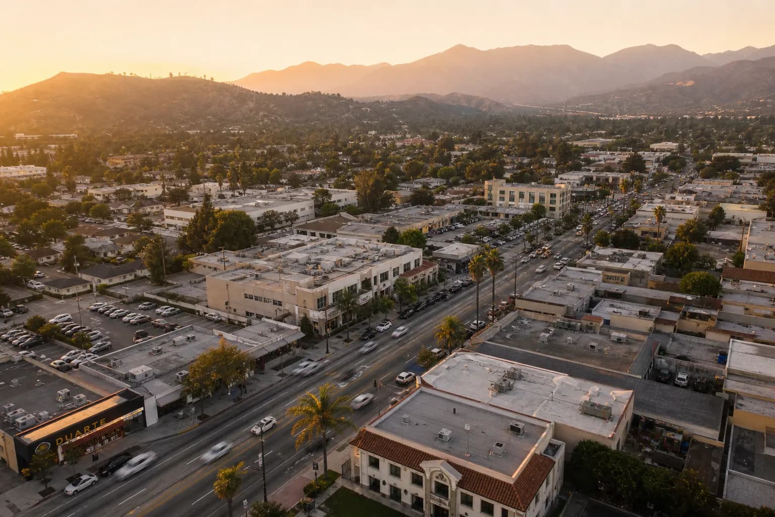 Aerial view of Duarte restaurant district at golden hour