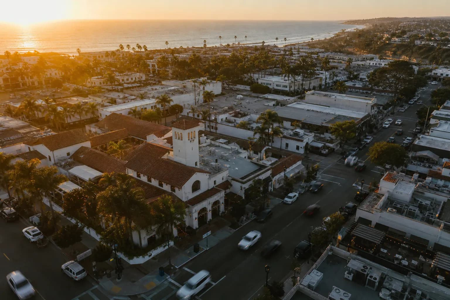 Aerial view of Encinitas restaurant district at golden hour
