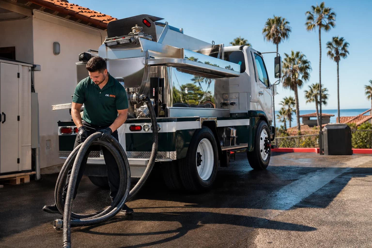 Free used cooking oil pickup at a Encinitas restaurant — unbranded white pump truck with hunter-green Oil Guyz technician