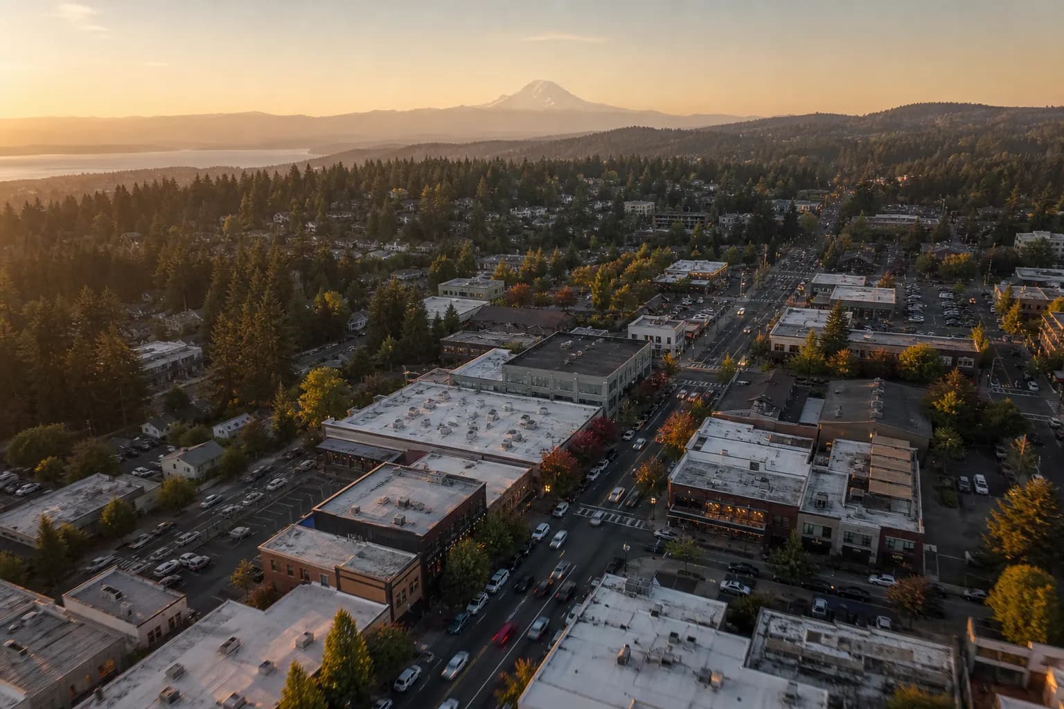 Aerial view of Federal Way restaurant district at golden hour