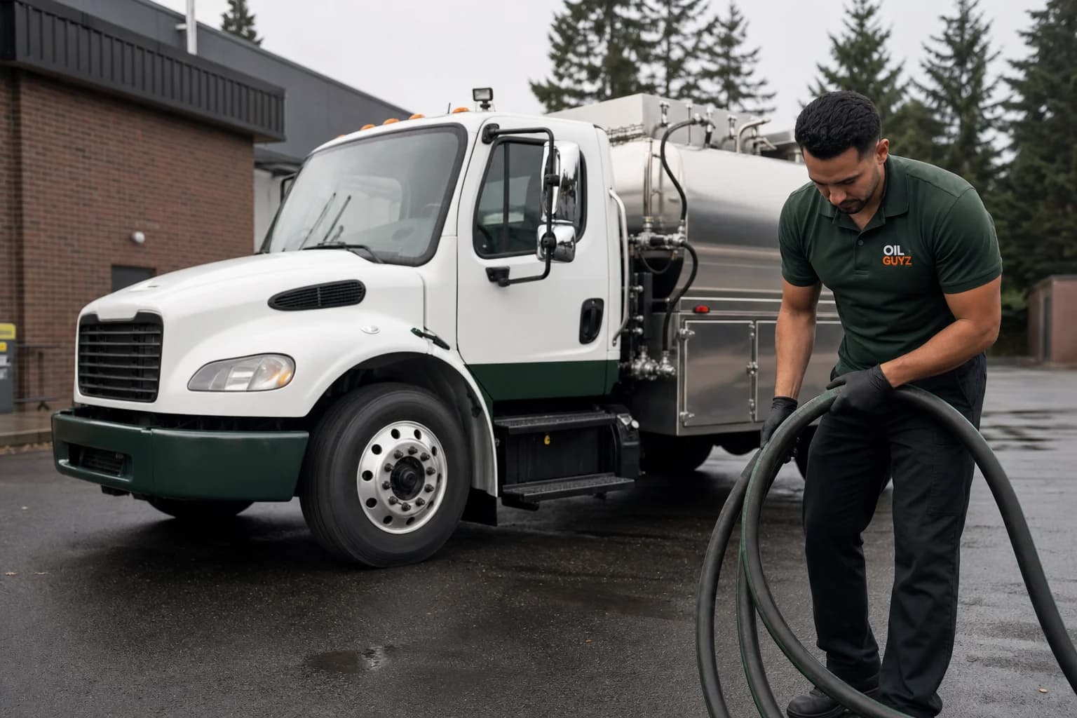 Free used cooking oil pickup at a Federal Way restaurant — unbranded white pump truck with hunter-green Oil Guyz technician