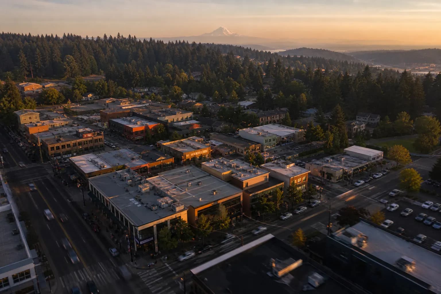 Aerial view of Fife restaurant district at golden hour